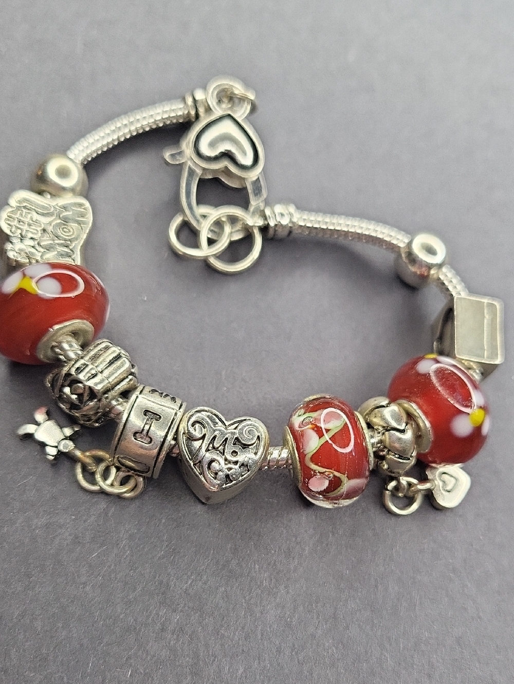 Red Glass Bead Charm Bracelet with Heart Accents